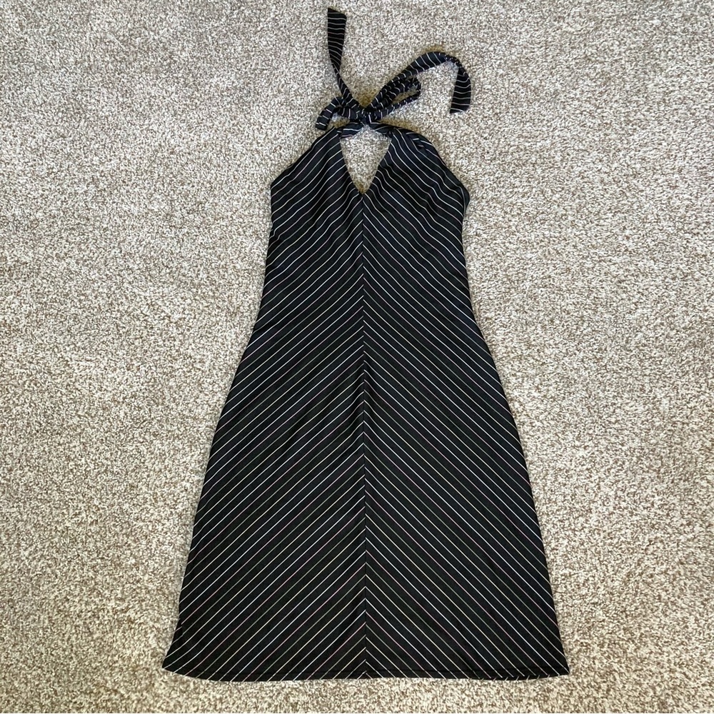 Vanity Black Pinstripe Backless Halter Dress